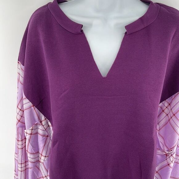 Paper + tee patchwork sweatshirt top blouse NEW NWT 3X plaid purple long sleeve - Picture 3 of 11